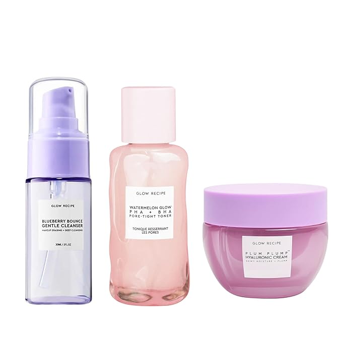 Glow Recipe Blueberry Bounce Gentle Face Cleanser (30 ml) + Watermelon Glow PHA + BHA Facial Toner & Pore Minimizer (40 ml) + Plum Plump Hyaluronic Acid Face Cream (20 ml) - Travel Friendly