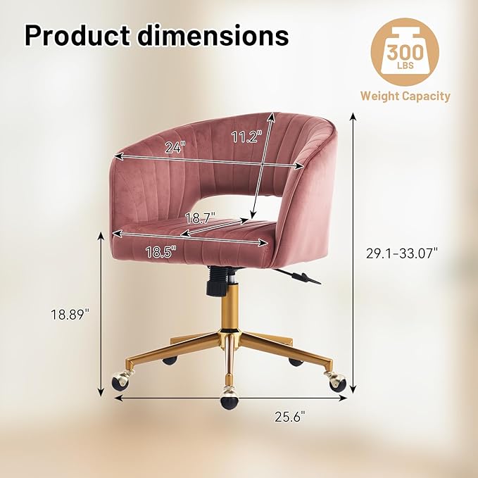Vanity Chair with Back 360 Swivel Armchair and Gold Base, Criss Cross Chair with Wheels for Vanity Home Office, Living Room, Bedroom and Study (Pink)