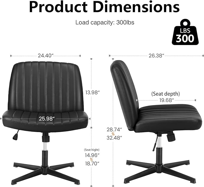 Sweetcrispy Criss Cross Chair Legged, Armless Office Swivel Desk Chair No Wheels, Vanity Height Adjustable Wide Seat Faux Leather Computer Task Seating for Home Bedroom