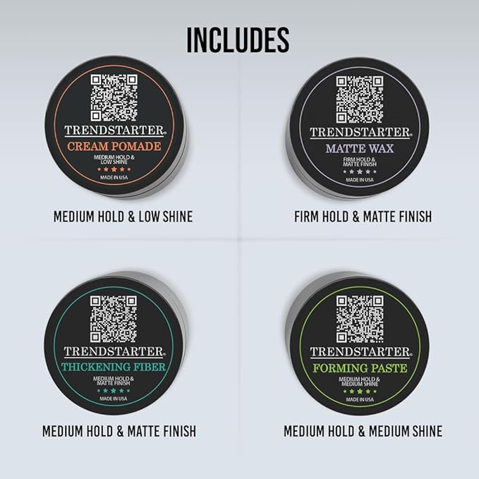 TRENDSTARTER - Men's Matte Premium Pomade Sample Pack - Cream, Wax, Forming Paste, Thickening Fiber (Four 0.25oz Samples in One Box)