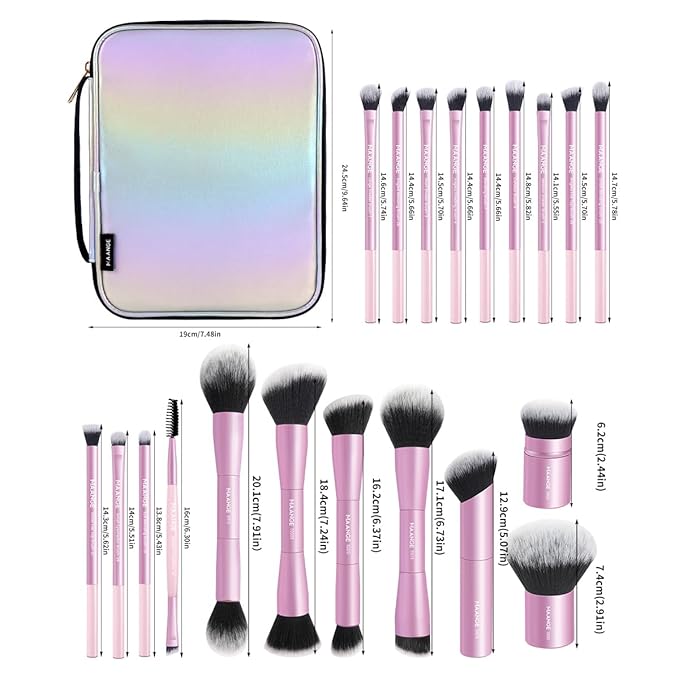 MAANGE 20 PCS Makeup Brush Set with Bag, Double-ended Kabuki Brush Foundation Contour Brush for Liquid Powder Concealer Eye Shadows Cream Cosmetics Blending Blush Face Makeup Tools with Case (Pink)