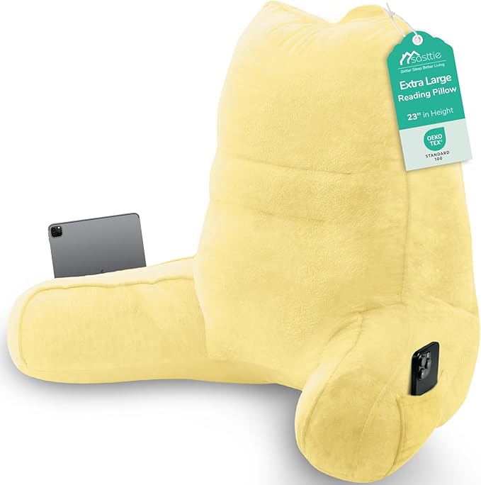 Sasttie Reading Pillow, Pillows for Reading or Relaxing – Ergonomic Support for Head, Neck, Back, and Lumbar, 23-Inch, Light Yellow