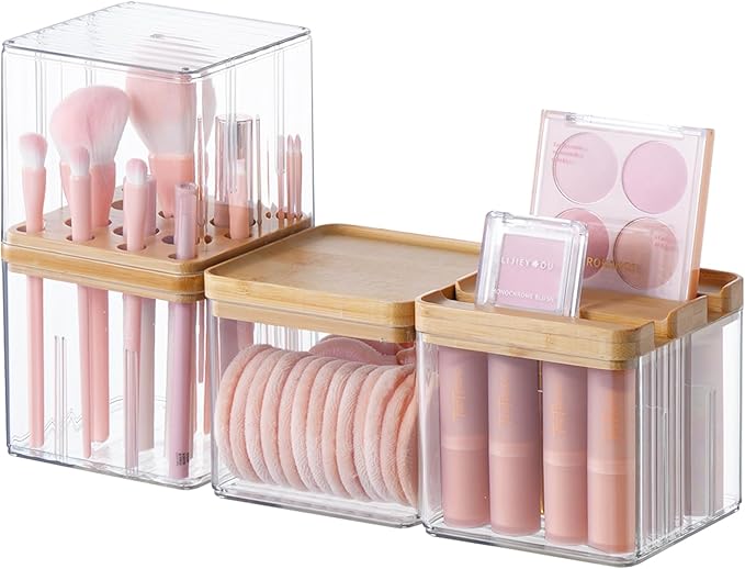 Makeup Brush Holder Comb with Cover Makeup Containers Organizers Set Makeup Holder Box Cosmetic Case With Lid Waterproof Dustproof Beauty Skincare Organizer Bathroom Vanity Countertop,Gift,Clear,3PCS