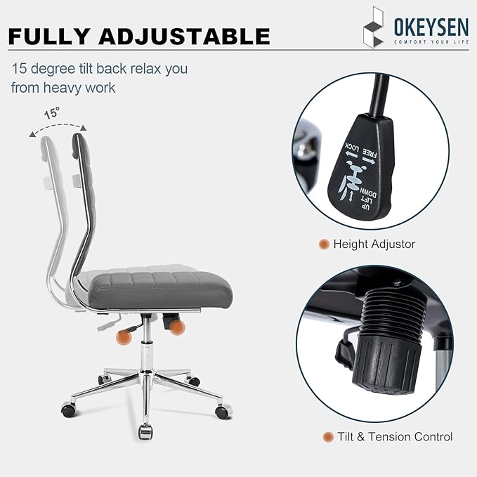 Okeysen Armless Office Desk Chair, Mid Back Ergonomic Swivel Conference Room Chair, Adjustable Height PU Leather Home Desk Chair with Lumbar Support, Modern Small Rolling Computer Task Chair, Gray