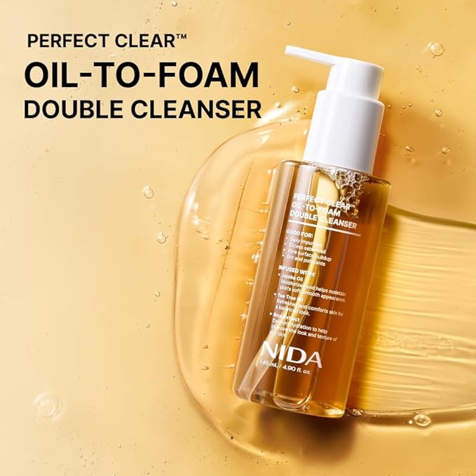 NIDA Perfect Clear™ Oil-To-Foam Double Cleanser | Jojoba Oil, Tea Tree Oil, Rice Extract | Good for Daily Impurities, Excess Sebum, Pore Cleaning, Blackheads, Dirt and Pollutants | 4.90 fl. oz., 145ml