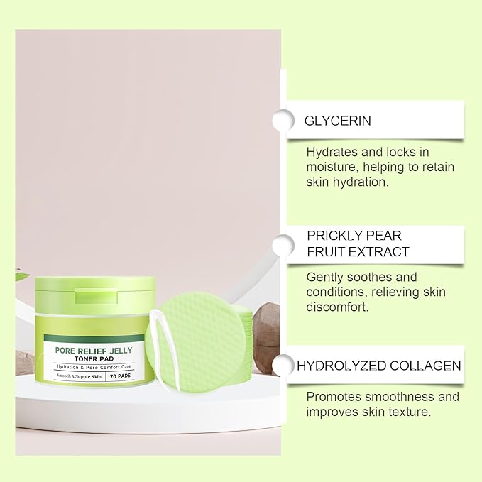 Pore Relief Jelly Toner Pads, Hydrating Cactus Gel – 70 Cooling & De-Puffing Face Pads with Tweezers, Exfoliating & Soothing Dual-Sided Pore Care for Daily Moisture.