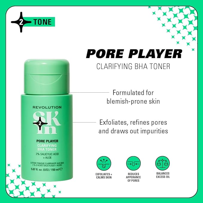 Revolution Skin, Pore Player 2% Salicylic Acid & Aloe Clarifying BHA Toner, Facial Toner & Exfoliator with Salicylic Acid, Vegan & Cruelty-Free, 11.69 fl oz