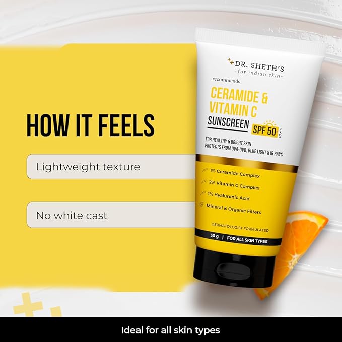 Dr. Sheth's Ceramide & Vitamin C Sunscreen In-Vivo Tested Protects, Moisturizes & Brightens Skin SPF 50+ PA++++ Lightweight, Leaves No White Cast 50 g