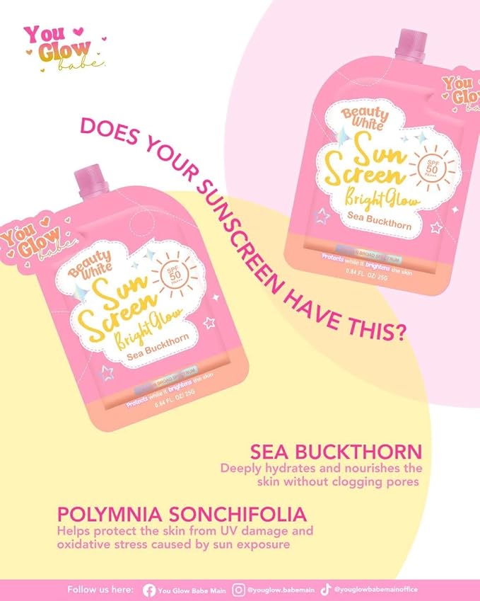 You Glow Babe Beauty White Sunscreen SPF 50 with Sea Buckthorn, Bright Glow Formula, 0.84 fl oz (TWIN PACK)