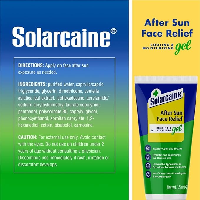 Solarcaine After Sun Face Gel, Cooling & Moisturizing Relief for Sun-Stressed Skin, Redness & Peeling, Non-Greasy, Hypoallergenic, Fragrance-Free, Non-comedogenic 1.5 oz