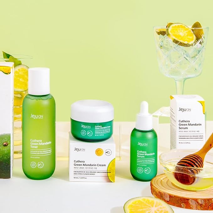 Cuthera Green Mandarin 3-Piece Korean Skincare Set - Essence Toner, Serum, Cream Citrus Scent Jeju Natural Vitamin Rich Hydrating, Pore Tightening, Skin Calming, Oil Water Balance Care