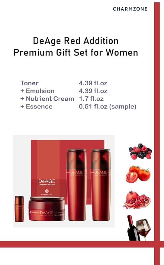 CHARMZONE DeAge Red Addition Korean Skincare Set of 3 – Anti-Aging Red Wine Face Care with Toning Water, Emulsion & Cream – Hydrating, Nourishing, Gift-Ready (10.98 fl. oz)