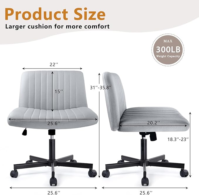Criss Cross Chair with Wheels, Cross Legged Office Vanity Chair with Wheels, Comfortable Grey Vanity Chair with Back, Grey Fabric Armless Wide Swivel Criss Cross Desk Chair for Home Office