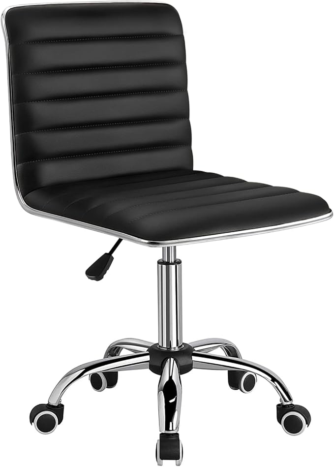 Furmax Vanity Office Desk Chair with Wheels, Armless Small Cute Leather Makeup Computer Task Chair Adjustable Height 360° Swivel (Black)