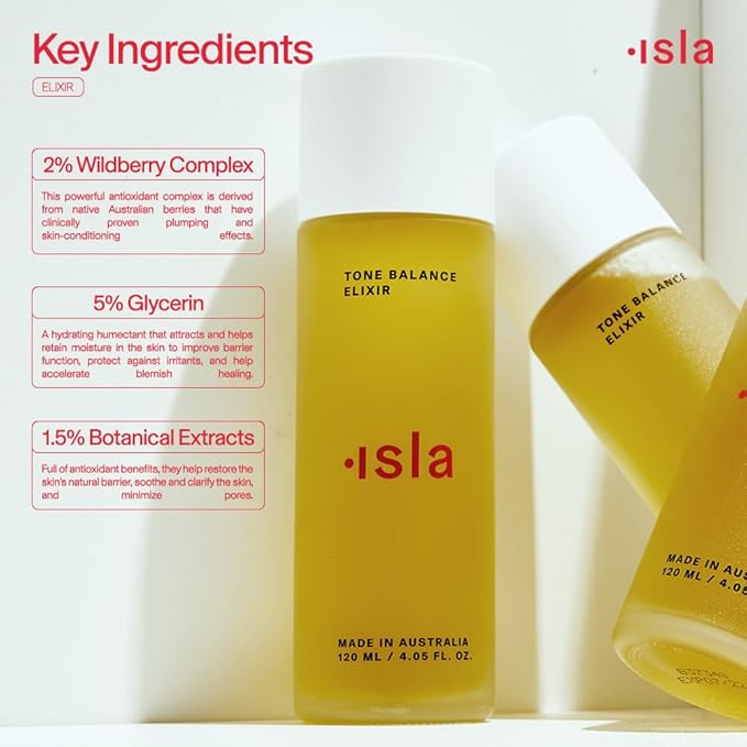 ISLA The Elixir No-Acid Toner, Brightens + Reduces Redness, Wildberry, Glycerin & Botanical Extracts, Hydrates, Evens Tone & Strengthens Skin Barrier, Fragrance-Free, Made in Australia, 4.05 fl oz