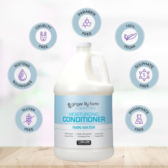 Ginger Lily Farms Club & Fitness Moisturizing Conditioner for Dry Hair, 100% Vegan & Cruelty-Free, Rain Water Scent, 1 Gallon (Pack of 4)