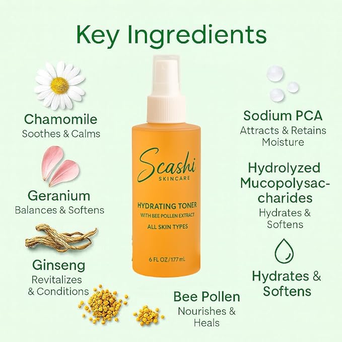 Hydrating Toner with Bee Pollen Extract- All Skin Types. Ginseng, Chamomile, and Geranium (6 fl oz/ 177 ml).
