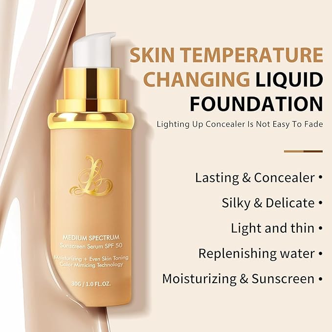 Foundation 4 In 1 Liquid Foundation, Long Lasting Waterproof, Spf 50+,& Longwearing & Waterproof, Hydrating Color Changing Foundation Light Spectrum for Gym, Sport (2pc)