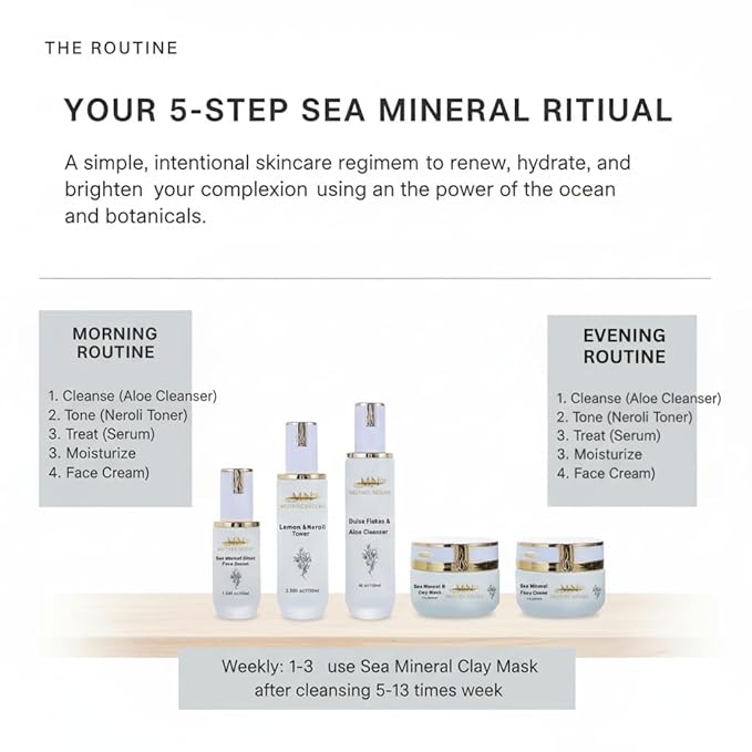 MN Mother Nature Sea Mineral 5-Piece Skincare Set – Dulse Aloe Cleanser, Lemon Neroli Toner, Elixir Serum, Clay Mask & Face Cream – Seaweed & Wakame for Renewed, Hydrated, and Brightened Skin