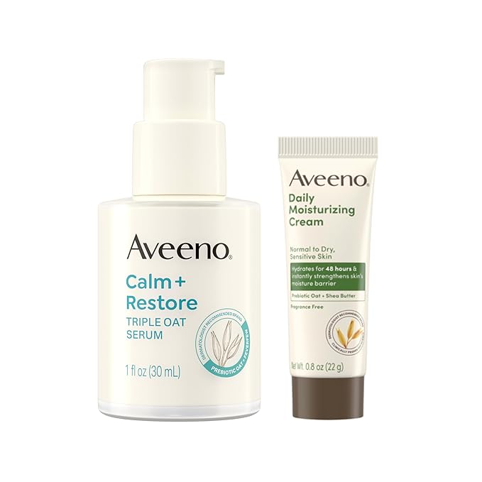 Aveeno Skin-Care Bundle for Sensitive Skin, Calm + Restore Triple Oat Hydrating Facial Serum, 1 fl. oz, & Travel Size Daily Moisturizing Cream + Prebiotic Oat, 0.5 oz, Fragrance Free, Two Items