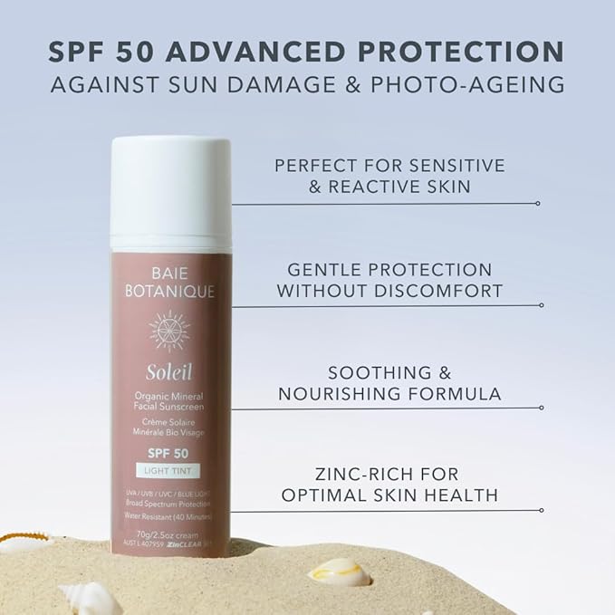 NEW SIZE - Baie Botanique Soleil Organic Facial Sunscreen SPF 50 - Chemical Filter Free Hyaluronic Acid & Vitamin C Sunscreen for Face Natural Vegan No White Cast Non Toxic UVA/UVB - Light Tint 70g