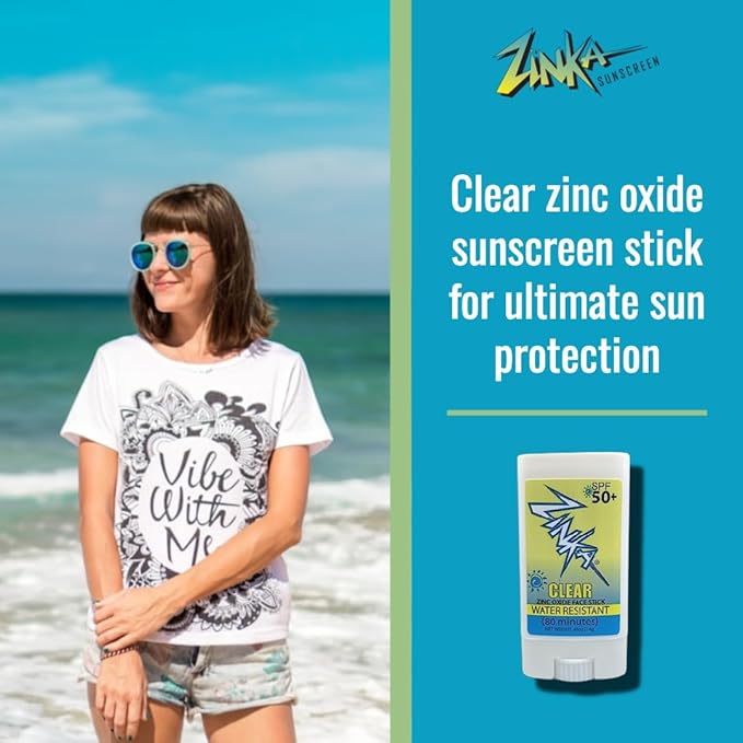 Zinka Clear Zinc Oxide Sunscreen Stick SPF 50, Travel-Friendly & Non-Greasy, Broad Spectrum UV Face Shield for Sensitive Skin, Water-Resistant (0.49 oz)