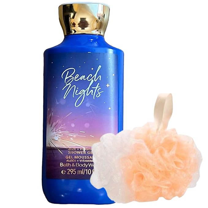 Bath and Body Works Beach Nights Gift Set Bundle with Shower Gel Soap and Loofah Pouf Sponge