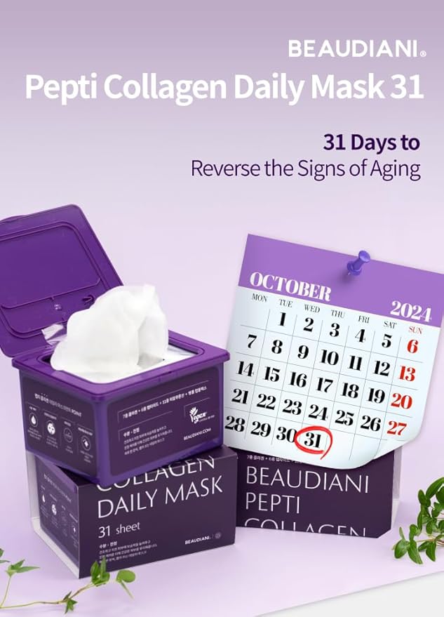 BEAUDIANI Pepti Collagen Daily Sheet Mask (31 Count) – Hydrating & Firming Face Mask with 7 Collagens, 6 Peptides & Hyaluronic Acid | Moisturizing Korean Skincare for All Skin Types