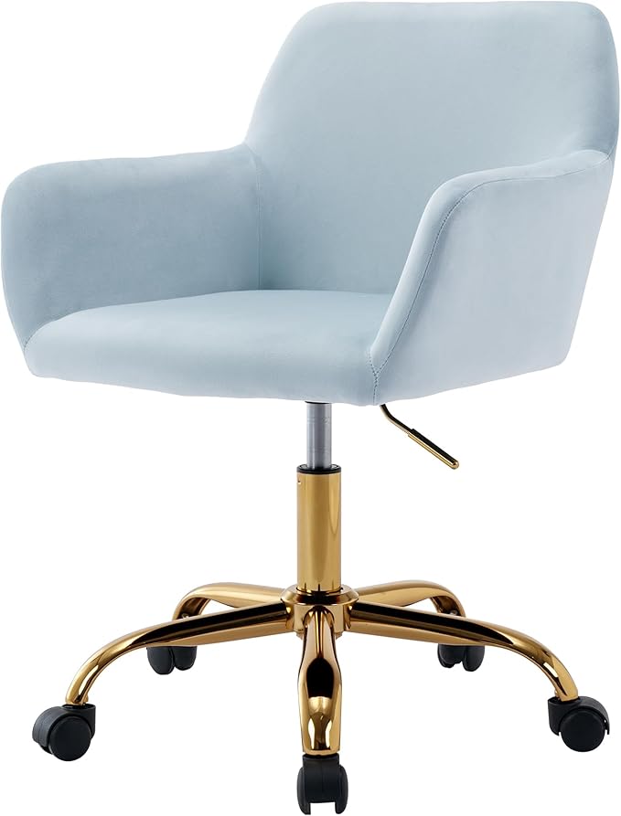 Faux Fur 360°Swivel Desk Chair, Modern Height Adjustable Home Office Armchair with Golden Base for Teens Women Girls, Upholstery Computer Chair, Velvet & Light Blue