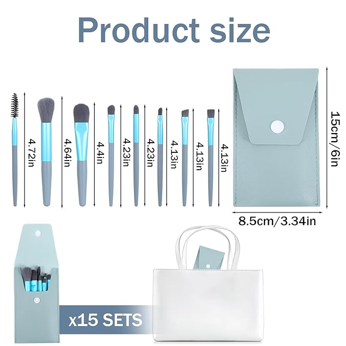 15 Sets Mini Makeup Brush Bulk Travel Sets,Synthetic Fibre Face Make up Brushes Women's makeup set Blush Brush for Party Favor,Gift Set Bridesmaids, Bachelor Party Present(Light Blue)