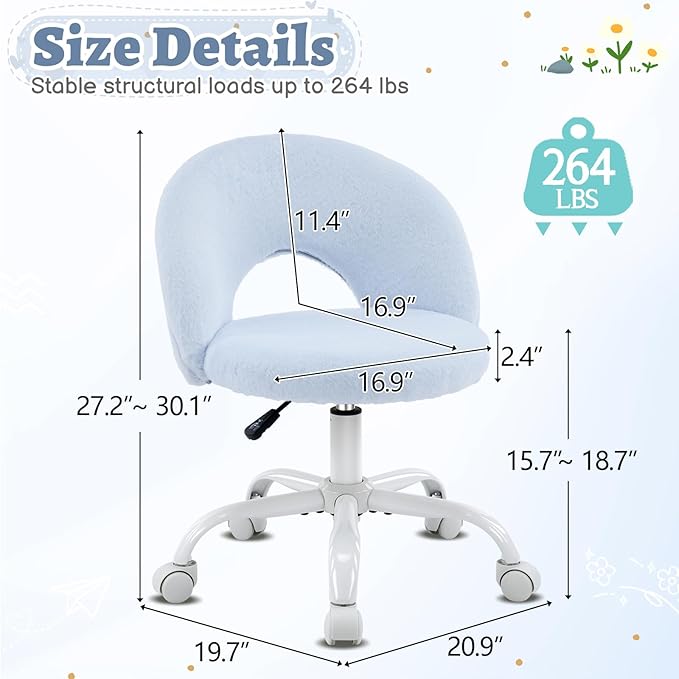 VINGLI Small Vanity Chair with Faux Fur Wheels for Girls,Cute Adjustable Height Armless Office Desk Chair,360°Swivel Comfy Rolling for Study,Make up Room,Small Space,Blue