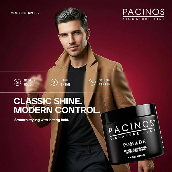 Pacinos Pomade - Flexible Hold, Frizz Control - High Shine Pomade for All Hair Types - 4oz