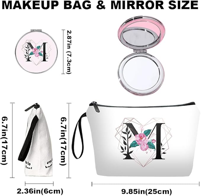 Personalized Initial M floral Makeup Bag set with Mirror for Women,White Ietter travel Cosmetic bag kit for Bride Bridesmaid with10 pieces pink brush set,Initial Gifts for Girls Mom femal Friends