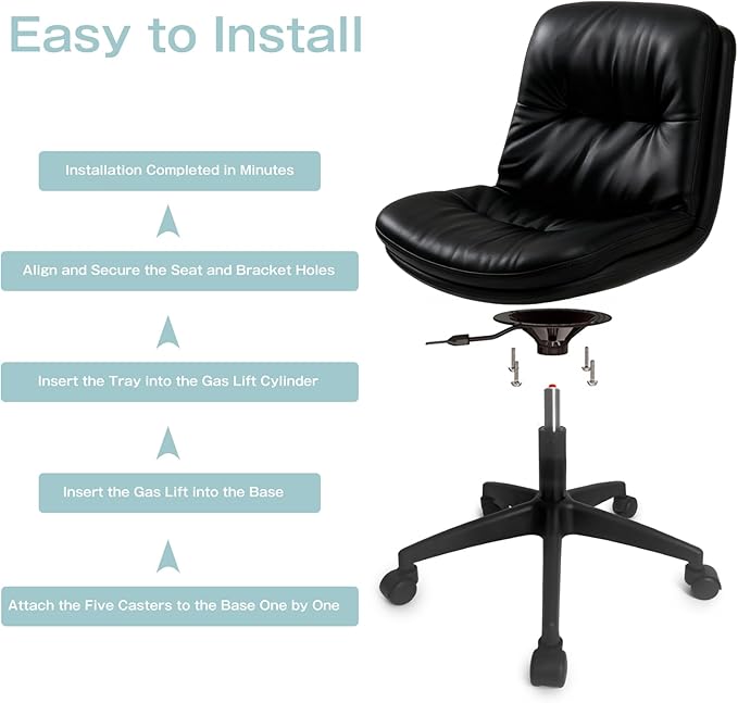 Office Chair, Ergonomic Desk Chair with Padded Cushion & Backrest, Adjustable Height & 360° Swivel, Armless Task Chair for Home Office, Computer Desk & Vanity Black