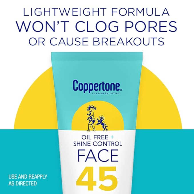 Coppertone Oil Free + Shine Control Sunscreen Face Lotion SPF 45,Lightweight Sunscreen for All Skin Tones,Won't Clog Pores,Fragrance Free,2.5 Fl Oz Tube,(Pack of 2)