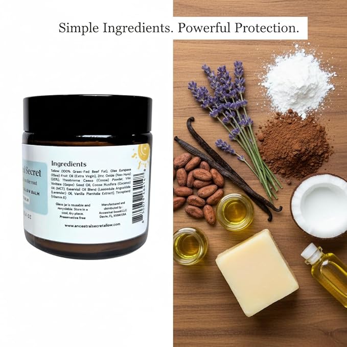 Tallow Sun Balm, Natural Balm, Coconut Vanilla Scent, Vitamin E, Moisturizing, 20% Non-nano Zinc Oxide (2.4 Oz)