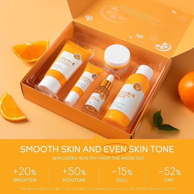 Vitamin C Skin Care Set, 5 Pcs Vitamin C Skin Care Kit with Face Wash, Toner, Serum, Eye Cream and Face Moisturizer Cream, Hydrating and Smooth Skin, Travel Size Skincare Set for Women Girls