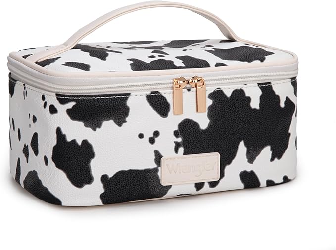 Montana West X Wrangler Travel Makeup Bag 2pcs Set Large Cosmetic Bag with Makeup Brush Holder Portable Make Up Organizer Cute Toiletry Bag with Divider and Handle for Women