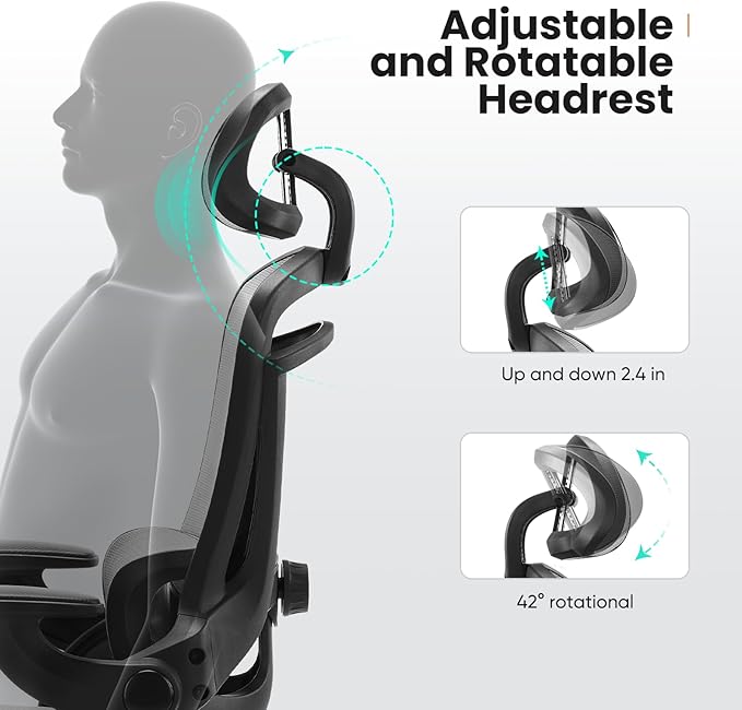 Sweetcrispy Ergonomic Desk Chair Office Chair, 300 LBS Home Mesh Office Desk Chairs with Wheels, 2D Headrest, Up&Down Lumbar Support, Swivel High Back Computer Chair with Flip-up Armrests,Dark Grey