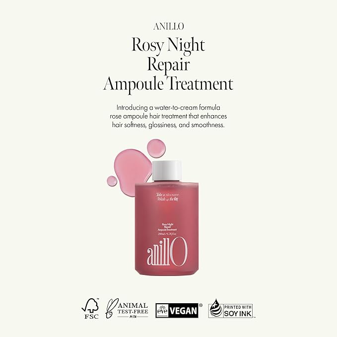 ANILLO Rosy Night Hair Ampoule Treatment for Damaged Hair – Water-to-Cream Repair Formula with Peptides & Amino Acids – Frizz Control, Color Safe, Silicone-Free, Floral Musk Scent – 6.76 fl oz