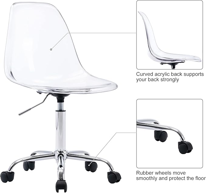 HOMEFUN Clear Desk Chair, Acrylic Rolling Armless Vanity Swivel Height Adjustable Ghost Molded Plastic Home Office Chairs with Wheels, Clear