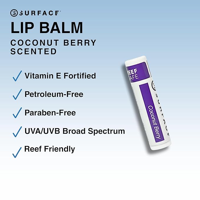 Surface SPF 30 Sunscreen Lip Balm, Broad Spectrum SPF Lip Sunscreen for Dry Cracked Lips, Moisturizing Chapstick for Outdoor Use, Water Resistant Lip Protection for 80 Minutes, Coconut Berry, 0.15oz