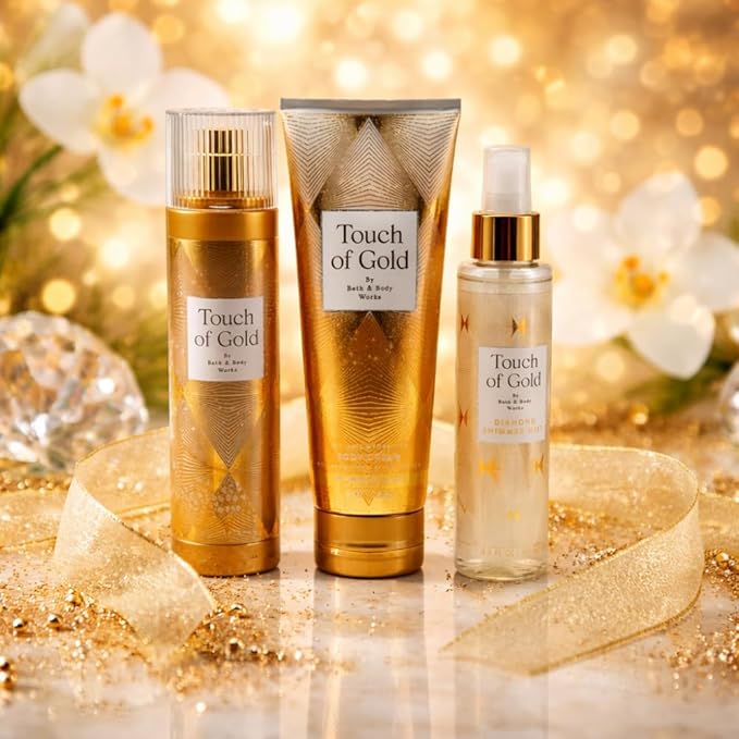 Bath & Body Works TOUCH OF GOLD Full-Size Gift Set – Fine Fragrance Mist, Diamond Shimmer Mist & Ultimate Hydration Body Cream with 40-Inch Gold Metallic Ribbon Bow – Holiday Bundle