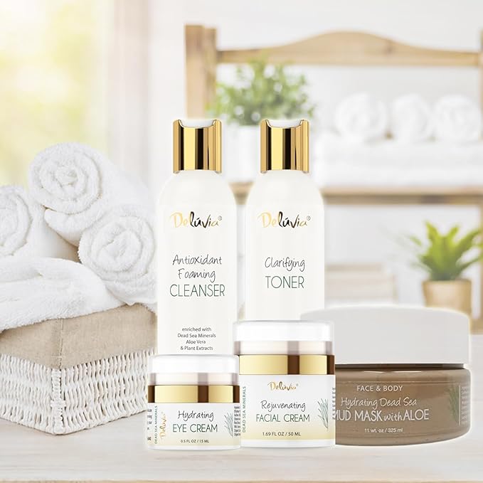 Deluvia Premium Facial Kit, Skin Care Products Set, Gentle Foaming Cleanser Face Wash, Clarifying Facial Toner, Face Moisturizer, Hydrating Under Eye Cream, Dead Sea Mud Mask