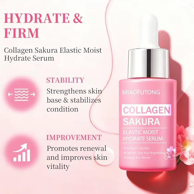 Collagen Sakura 6 Piece Skincare Set Cleanser Toner Moisturizing Lotion Hydrating Serum Firming Eye Cream Face Cream Comes with a make-up Bag Hydrating & Moisturizing for Fall & Winter