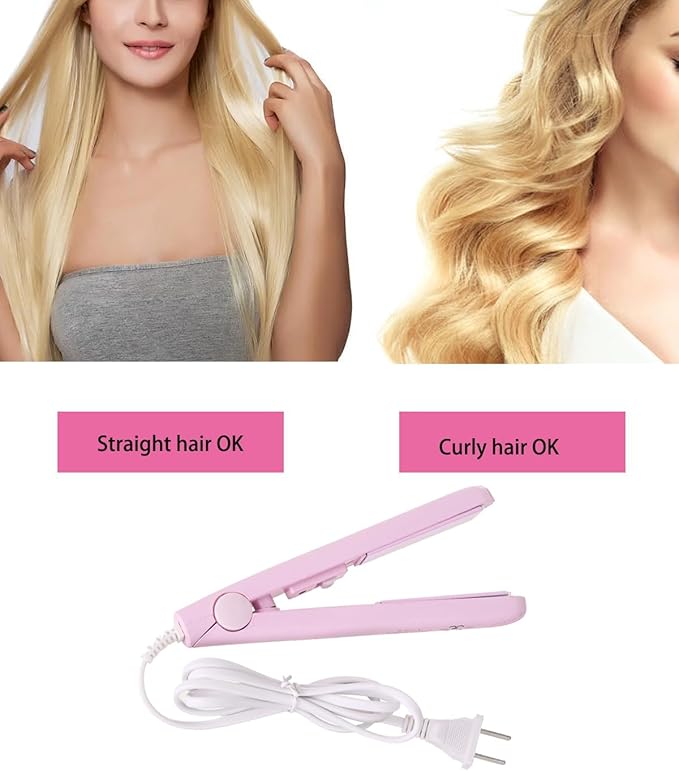 Mini Hair Curler Mini Hair Straightener, Hairstyling Iron Heating Curler,Flat Iron Hair Straightener for Travel Flat Iron Dormitory or Home (Pink)