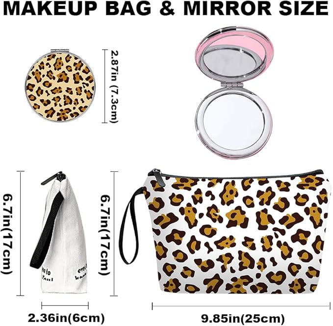 Personalized leopard print Makeup Bag set with Mirror for Women,Leopard Pattern Travel Cosmetic bag kit for Bride Bridesmaid with pink brush set,Leopard Gifts for Mom Girls femal Friends