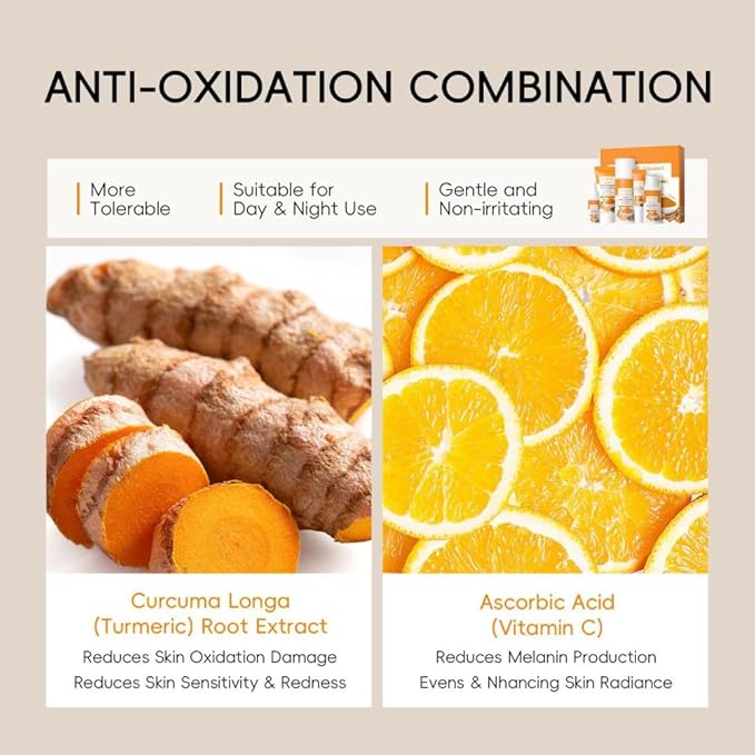 Turmeric Vitamin C Skincare Set for Women, 5 Pieces Face Care Kit - Cleanser Toner Essence Eye Cream Face Moisturizer for Glowing, Brightening Skin, Travel Skin Care Gift Sets for Women