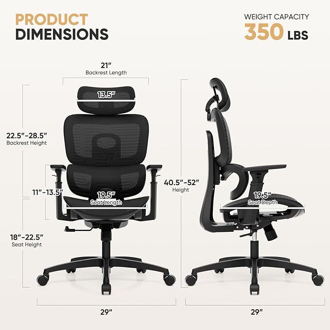 Magshion Ergonomic Office Chair, High Back Desk Chair with Adjustable Headrest, 3D Armrests, Tilt Lock and Lumbar Support, Mesh Computer Chair for Home Office, 350 LBS Capacity, Black