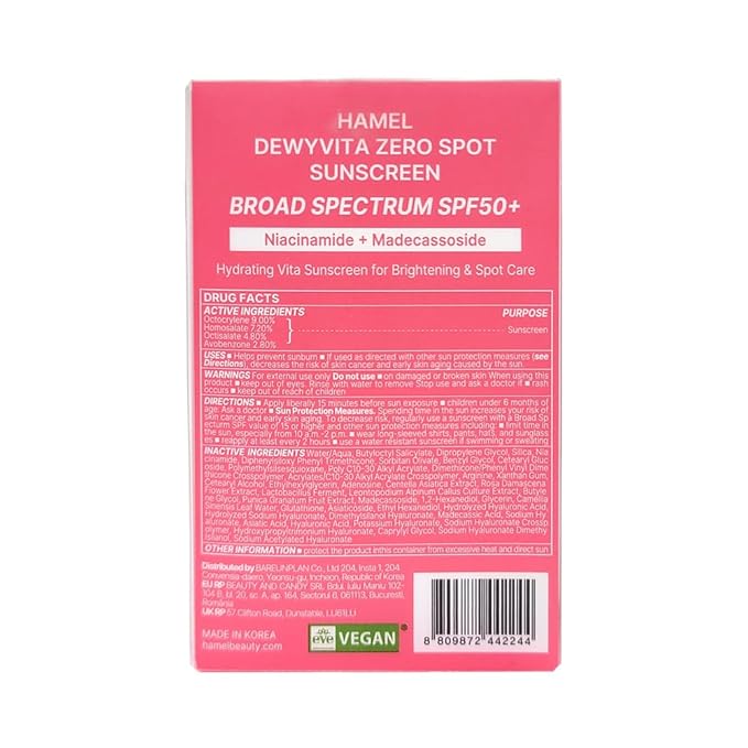 Hamel DewyVita Zero Spot Sunscreen SPF50+ PA++++, Vegan Sun Cream with Glutathione for Sensitive Skin , Korean Skincare, 1.69 fl oz